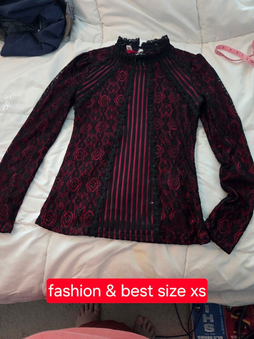 SansoiSan Mock Neck Lace Blouse S Red Black Vintage Victorian Goth Sheer Top